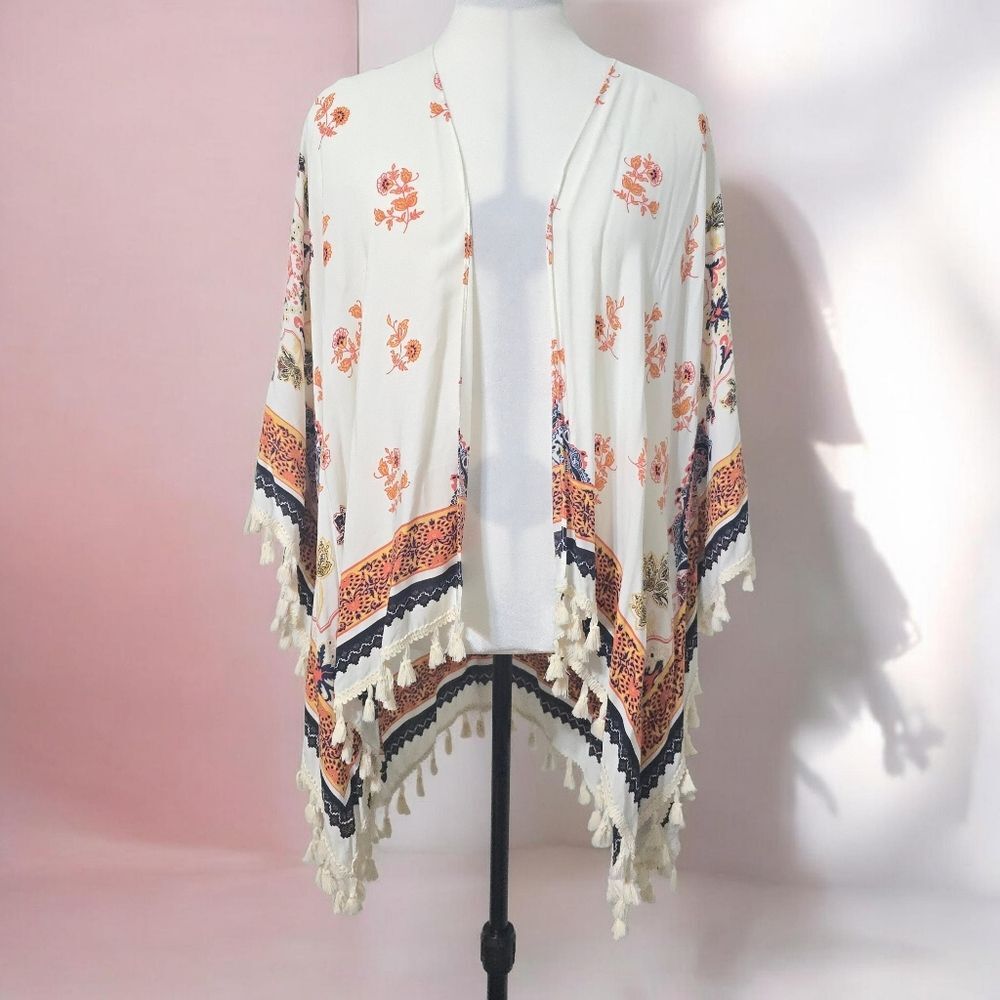 Altar'd State Boho Floral Kimono Cardigan Tassel Fringe Cream Orange Size S/M